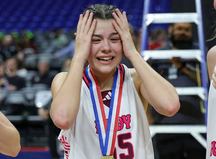 Martin's Mill freshman guard Kara Nixon reacts to receiving UIL 2A state championship MVP honors after hitting a game-winning shot at the buzzer to lift the Mustangs to glory.